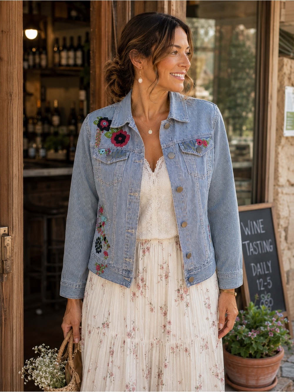 Cottagecore Embroidered Railroad Stripe Denim Jacket Floral Prairie Jacket Size - Picture 2 of 12